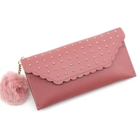 new women long rivet wallets pure color wool ball bow hasp clutch bag womens long bag card holder zipper coin purse