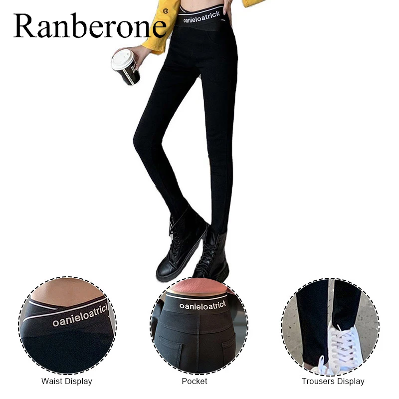Ranberone Leggings Sport Women Fitness Letter High Waist Women's Yoga Pants Thin Leggings Black Outer Wear Large Size Trousers
