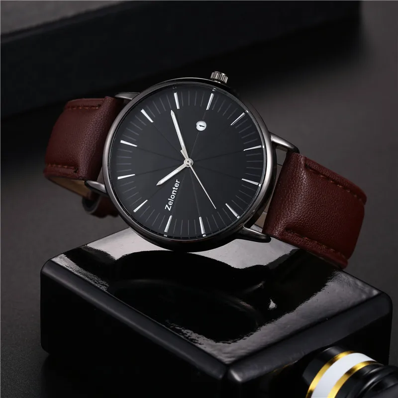 Простые деловые мужские кожаные часы с рисовым циферблатом металлическая указка