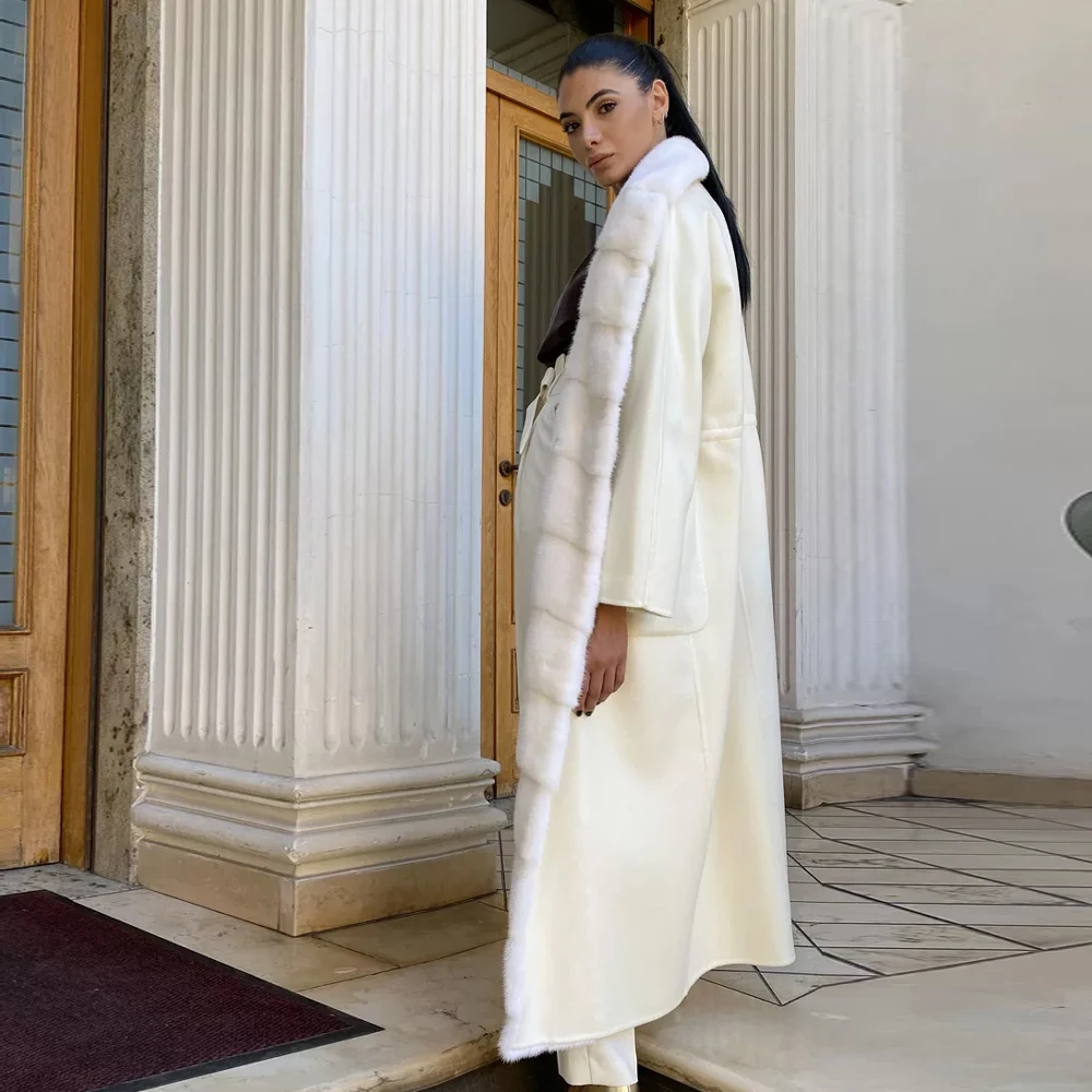 120 см длинное натуральное кашемировое пальто с цельной кожей норковый мех