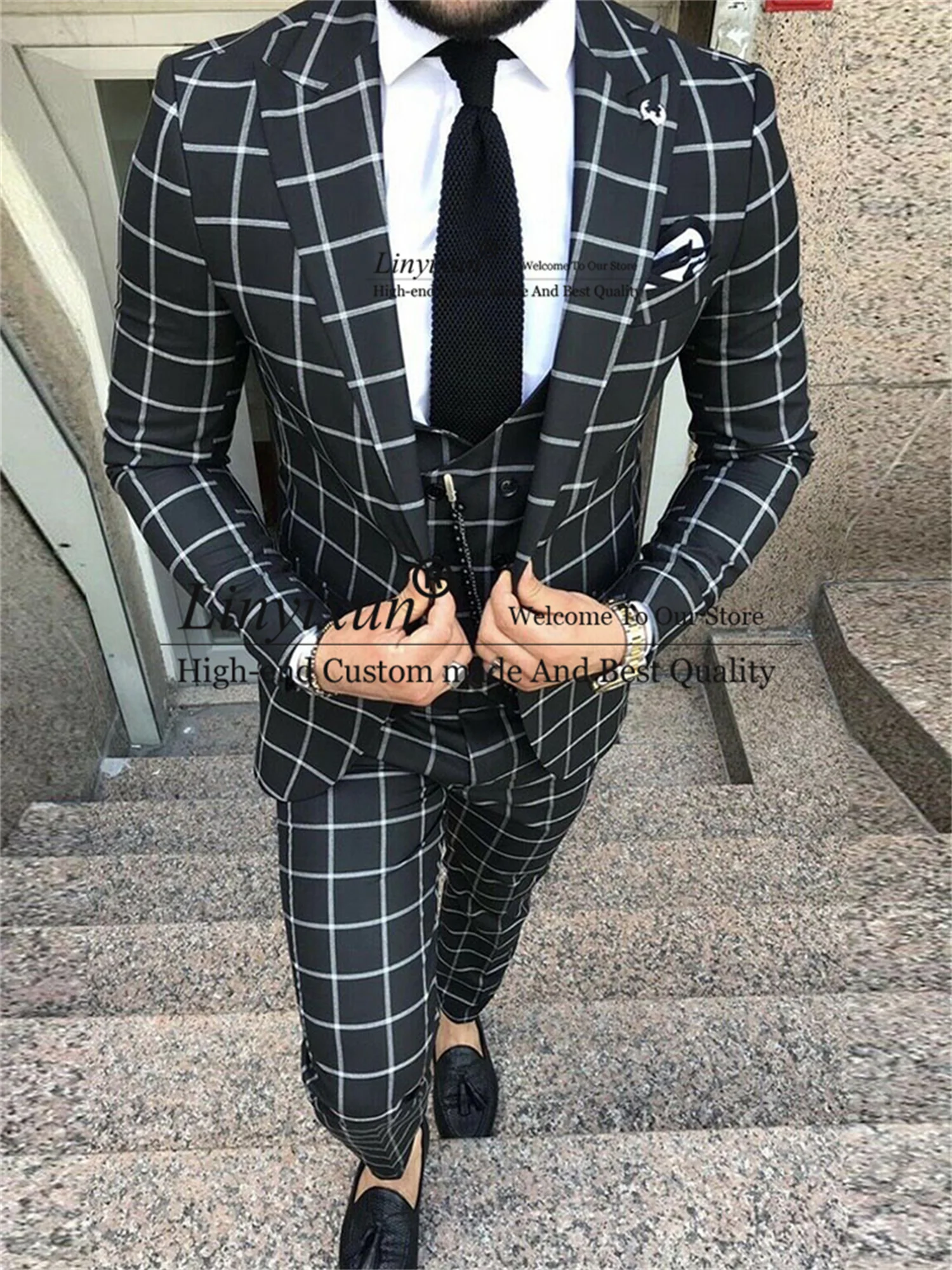 

Black Tweed Houndstooth Plaid Men Suits Slim Fit Peaked Wide Lapel Wedding Groom Tuxedos 3 Pieces Male Blazer Terno Masculino