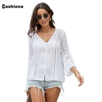 cashiona 2021 new patchwork lace blouse hollow out shirt women long sleeve top summer casual pullovers sexy v neck female shirt