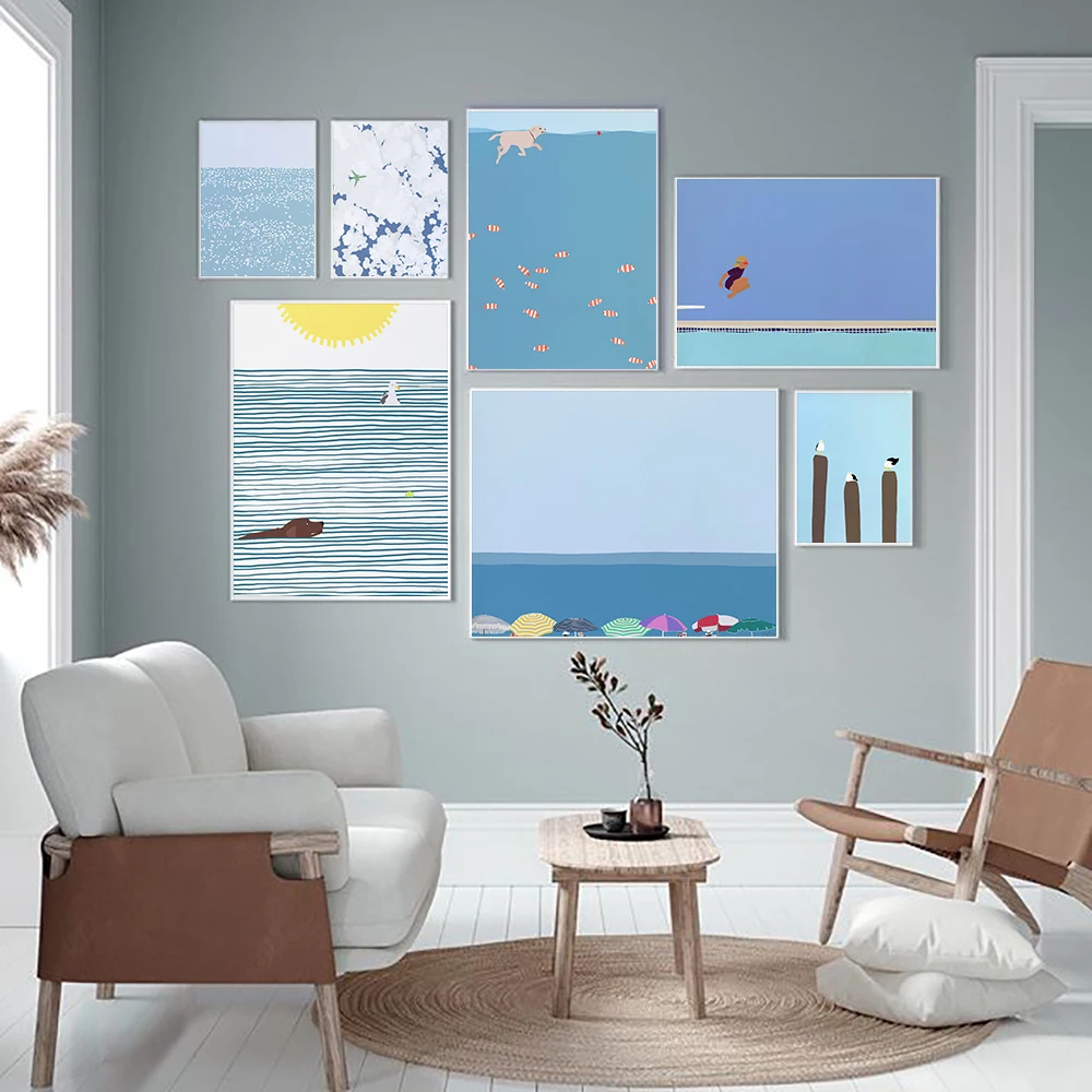 

Seagull Dog Swim in Ocean Wall Art Canvas Painting Beach Day Posters And Prints Girl Jumping into Pool Pictures For Living Room