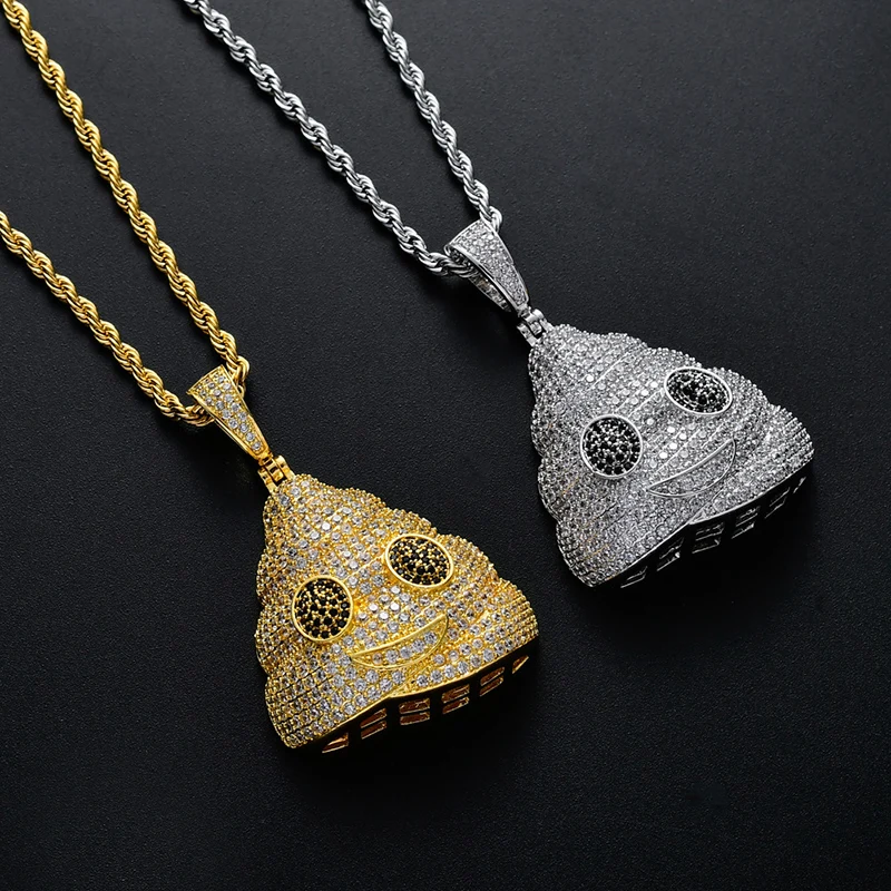 Hip Hop AAA CZ Zircon Paved Bling Iced Out Poop Expression Pendants Necklace for Men Rapper Jewelry Gold Silver Color | Украшения и