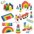 Деревянные радужные блоки сделай сам, деревянные игрушки для укладки, гриммы, радужные строительные блоки Монтессори, развивающая игрушка для детей, Радужный штабелер YJN