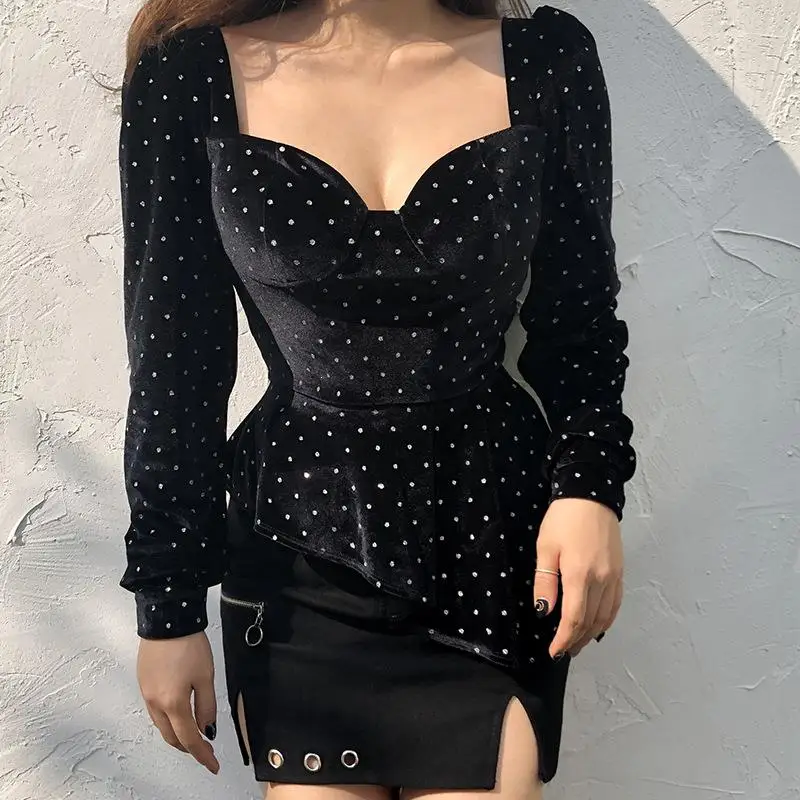 Rhinestone Deep V Sexy T-Shirt Women Harajuku Long Sleeve Tops Bodycon Backless Tshirt Slim Tee | Женская одежда