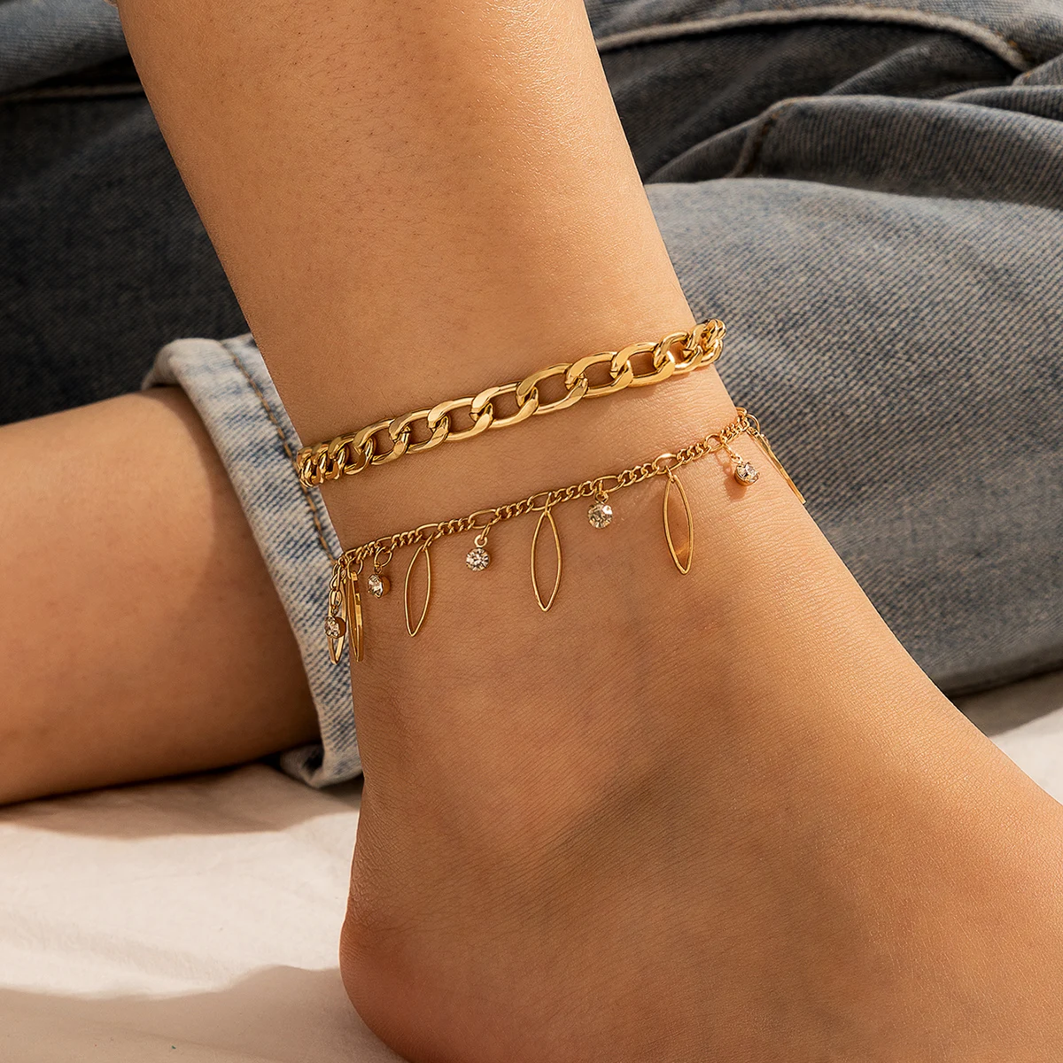 Docona 2 шт./компл. панк многослойный ножной браслет для женщин металлический сплав