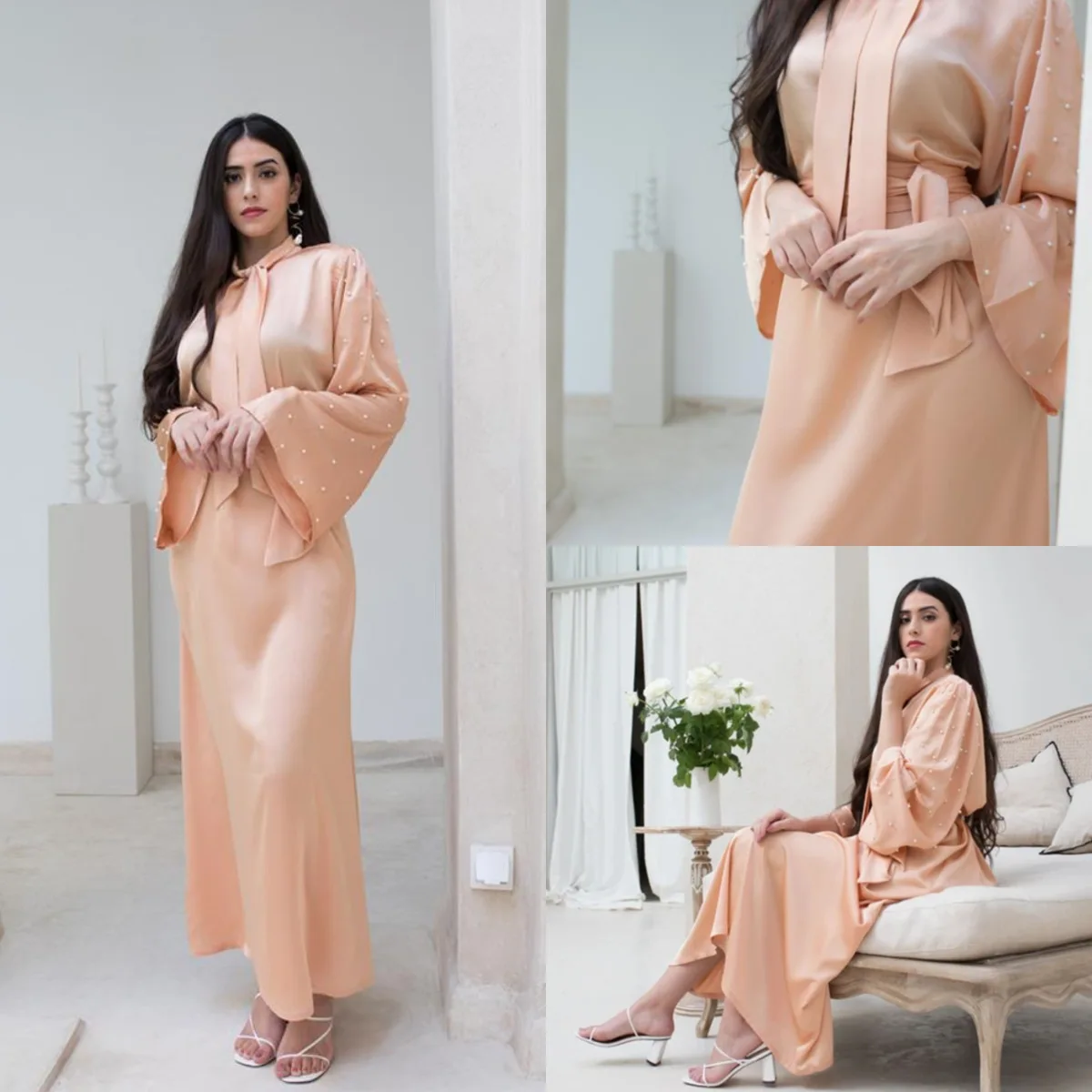 

Muslim Fashion Satin Dresses for Women Turkey Abaya Dubai Islam Clothing Moroccan Kaftan Kimono Jalabiya Dress Musulman De Mode