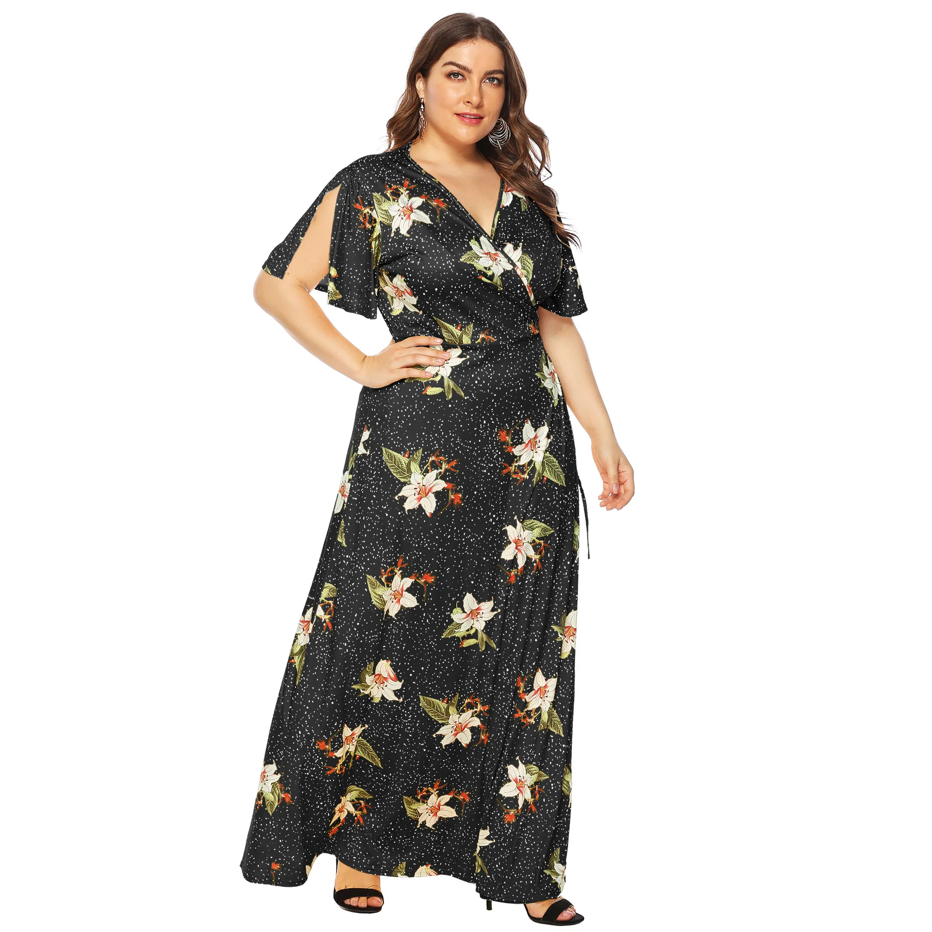 

Women Dresses Summer 2020 Plus Size Maxi Dress Flower Printed Deep-V Short Sleeve Big Hemline Mopping Bandage Cloth Dress