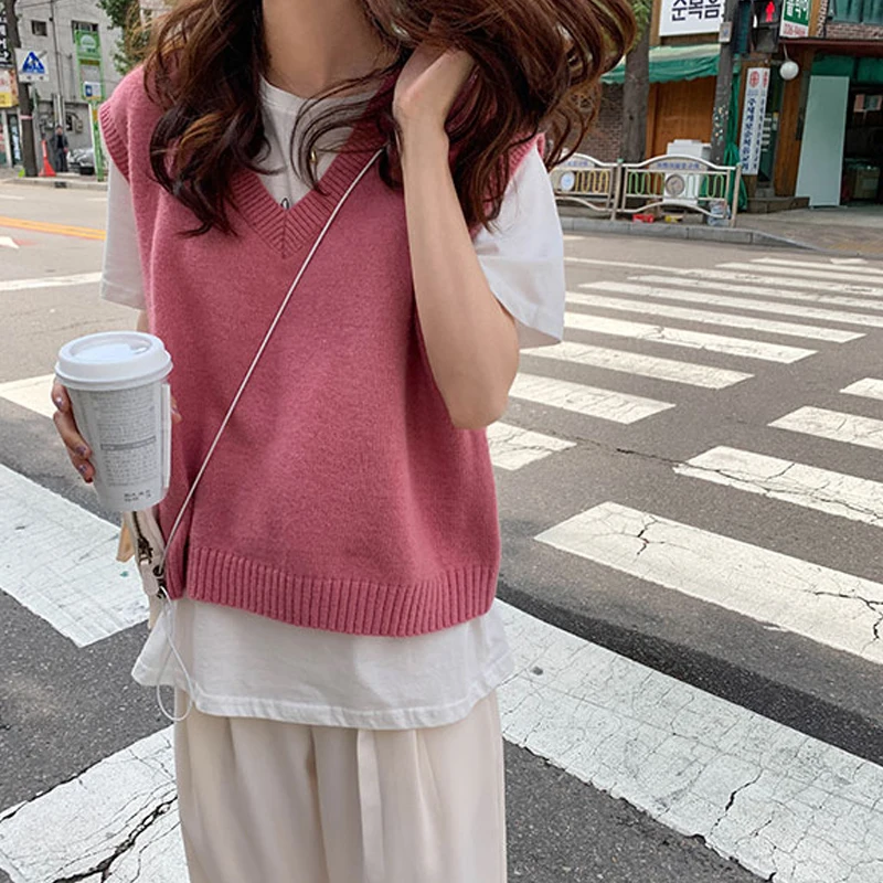 V-neck Womens Knitwear Sweater Knitted Chic Sweaters 2022 Autumn and Winter Solid Sleeveless Pullovers Korean Style 10896 | Женская