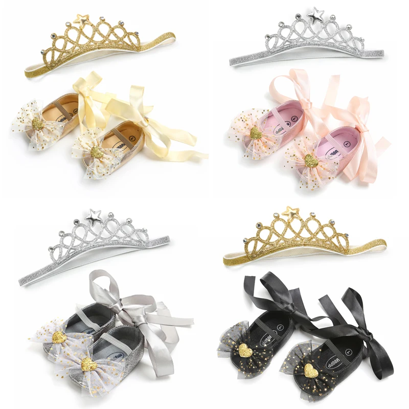 

Baby Girl Canvas Bowknot Sequins Casual Anti-Slip Sneaker Soft Sole Crib Shoes+Headband Princess Shoes
