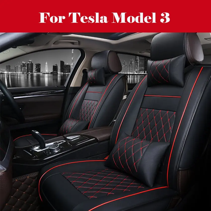 

Standard PU Leather Car Seat Covers Front+Rear Seat Cushion Black With Red Lines For Tesla Model 3