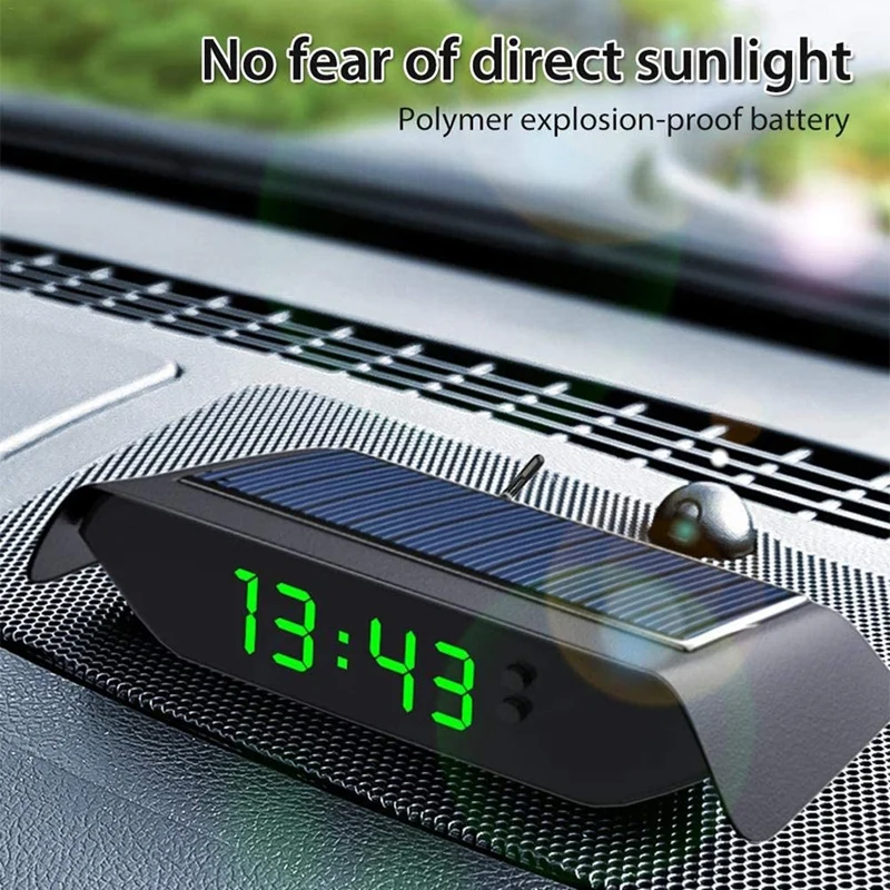 

Car Solar Powered Clock, 24 Hour High-Precision Electronic Watch Automatic Brightness Adjustment Thermometer