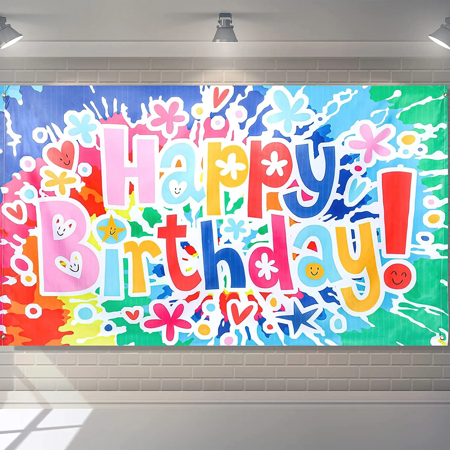 

Tie Dye Happy Birthday Backdrop 60's Hippie Theme Background Banner Colorful Paint Splatter Photo Booth Themed Party