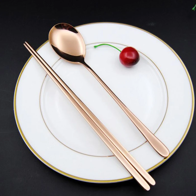 Золотые корейские столовые палочки из нержавеющей стали набор ложек с длинной