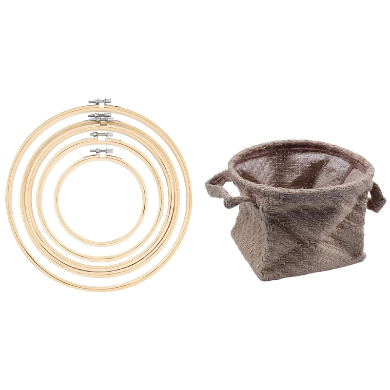 

5Pcs Wood Round Cross Stitch Machine Embroidery Hoop Frame Ring Bamboo & 1X Woven Storage Basket Hemp Rope 2021 New