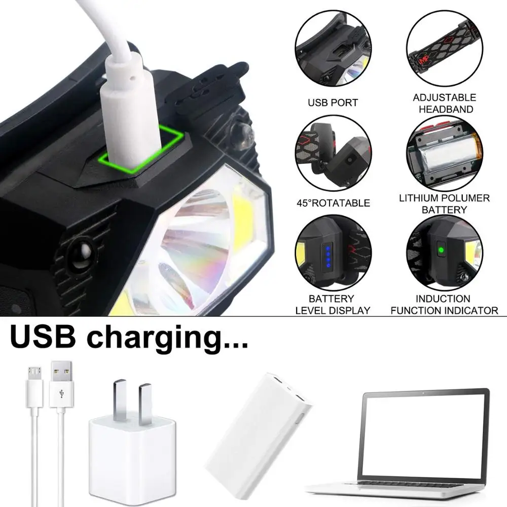 Головной фонарь 18650 фара с датчиком движения перезаряжаемая головка фонарика 8