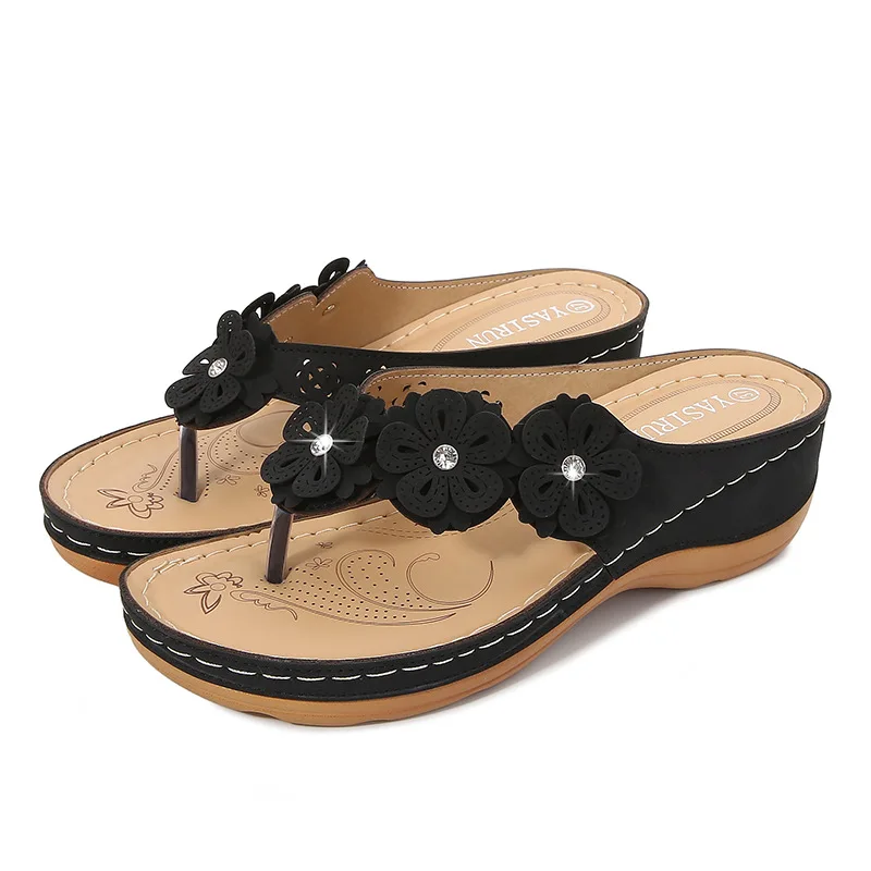 Summer New Women Shoes Pinch Slides Outer Wear Leisure Fashion Wedges Flower Solid Med 3cm-5cm Non-slip High Quality Large Size