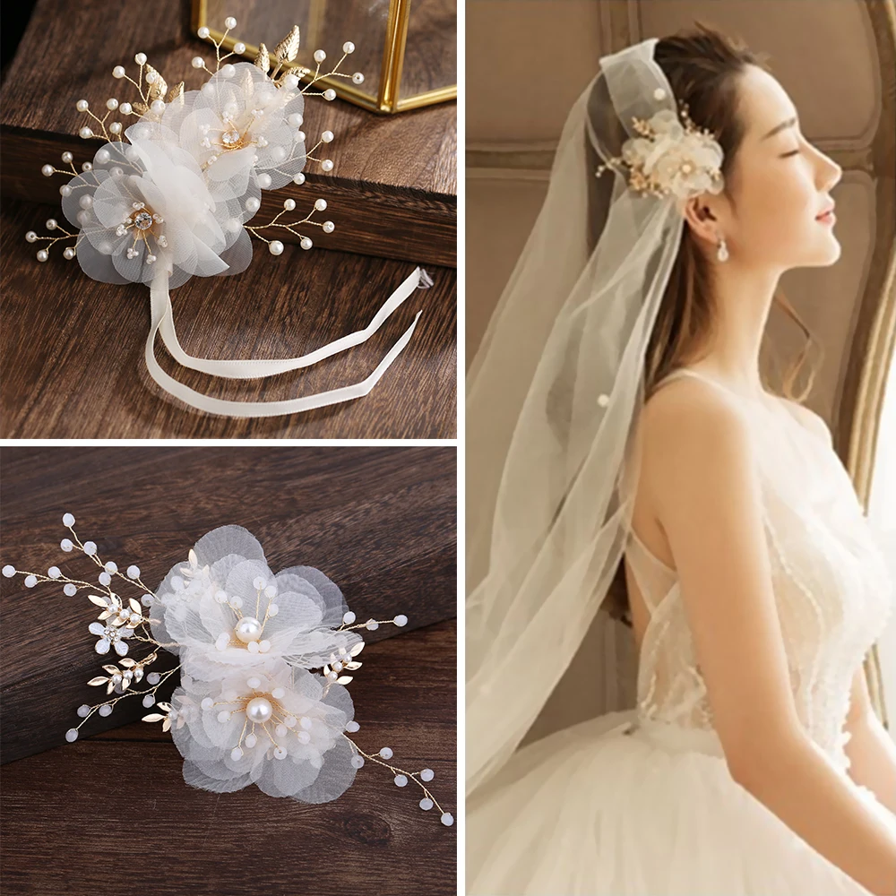 

Bride Headpiece Crown Headband Headwear Pearl Wedding Headdress Handmade Romantic Flower Tiaras Hair Jewelry Accessories
