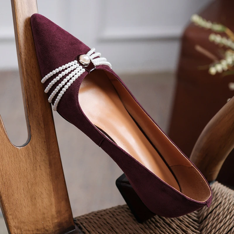 

Women Shoes Natural Leather pumps 22-25cm Sheep suede Full leather Korean shoes spring and summer Pearl chain womens heels