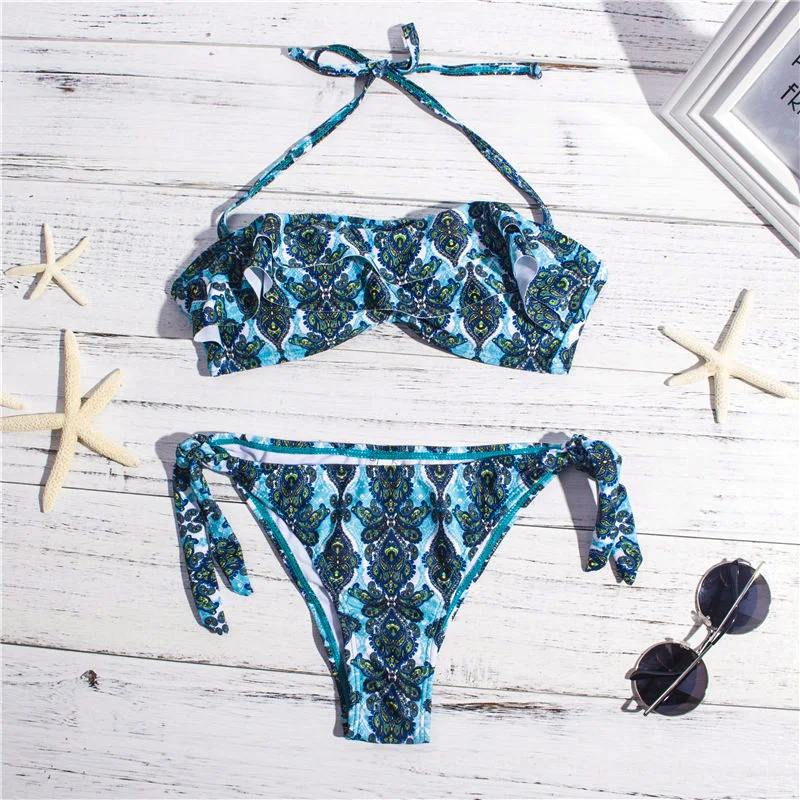 

Falbala Bandage Bikini 2020 Summer Halter Print Swimwear Women Female Braziian Bikinis Girls Biquini Swimming Suit 141
