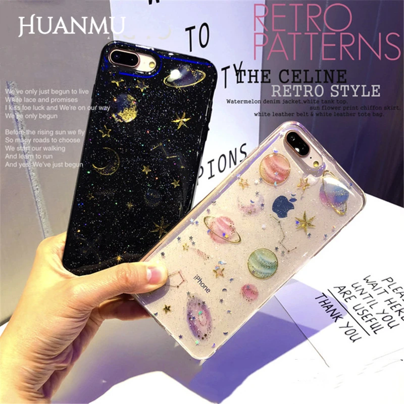 

Shining Quicksand Planet Starry Sky Mobile Phone Transparent Protective Cover for iPhone 7 8 X 11 12 Xr 6/7/8 Plus 11/12 Pro Max