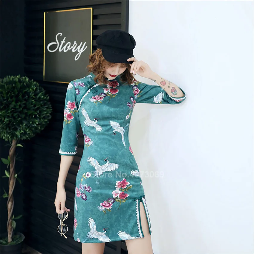 

Chinese Dress Crane Qipao Dress for Women Evening Party 2019 News Split Floral Print Autumn Cheongsam Sexy S-2XL Winter Mandarin