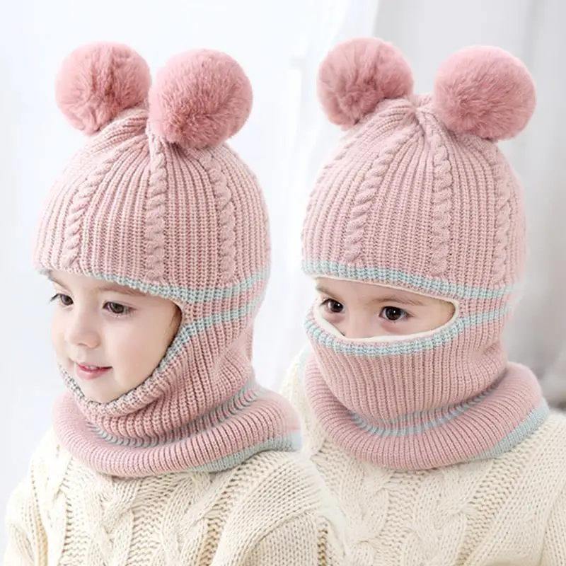 Hibobi-gorros de Invierno 2-5T con bolas peludas, pomp&oacute;n de punto para beb&eacute;s, ni&ntilde;as y ni&ntilde;os, gorro con forro polar c&aacute;lido, gorros con orejeras a prueba de viento-0