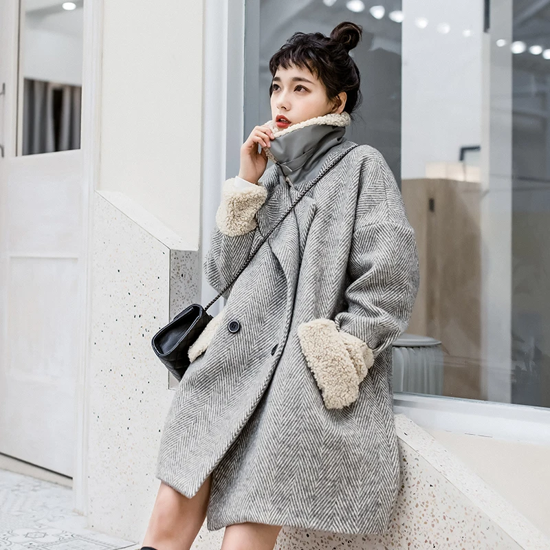 

New Women Retro Cashmere Collar Loose Fit Cotton Coat Casual Striped Double Breasted Long Coats Outwear Thickness Tops