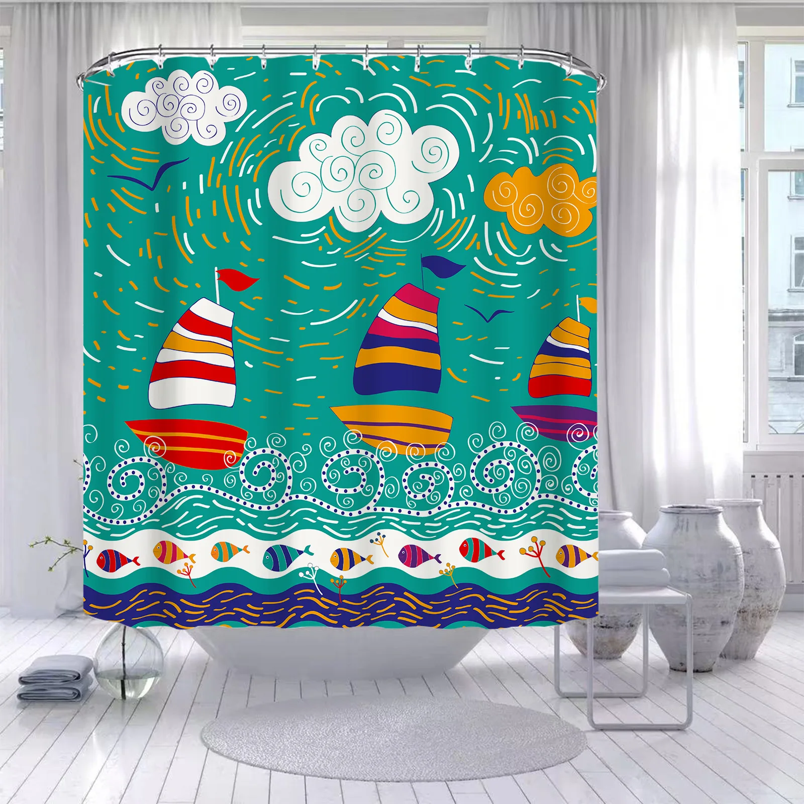 

YOOLOV New Vintage Pirates Ship Waterproof Shower Curtain Painting Retro Plants Printed Polyester Bath Bathroom Decoration 2022