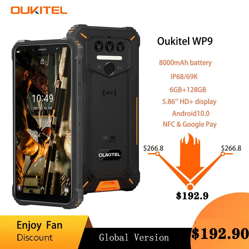 

Oukitel Rugged Mobile Phones WP9 6G+128G LTE Smartphone NFC 5.86" HD+ 8000mAh Android10 16M/8M Camera Octa Core Cell Phone