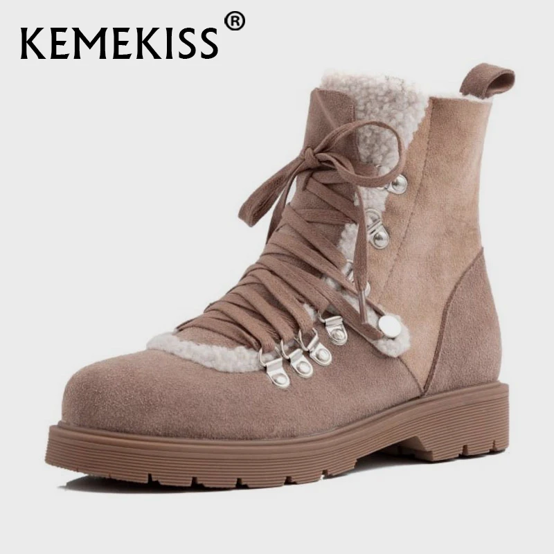 

KemeKiss/Лидер продаж; Повседневные женские ботильоны из натуральной кожи; Повседневные зимние ботинки на меху с круглым носком на плоской подо...