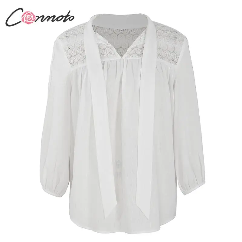 Conmoto Женские топы и блузки 2019 белые рубашки с длинным рукавом кружевные лоскутные