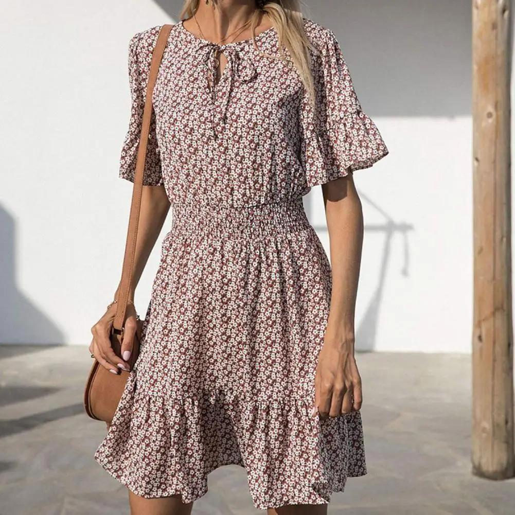 

Women Floral Print Short Sleeve Tie O-neck Elastic High Waist Ruffle Dress Sundress for Date Vintage Floral Printed Dress