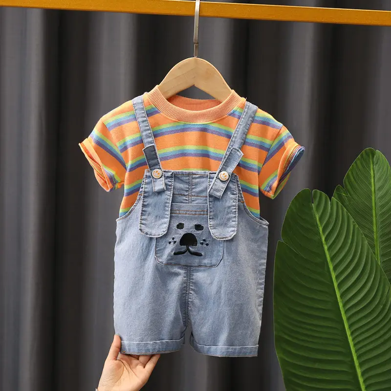 

2022 New Summer Children Baby Boy Girls Infant Cartoon Short Sleeve Strips T-Shirt Denim Overalls 2Pcs/Set Toddler Clothing Kids