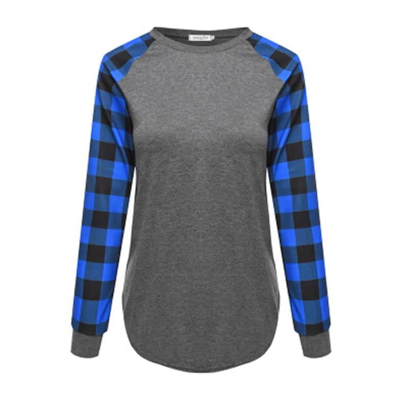 

2021 spring autumn hot-selling color matching bottoming shirt plaid long-sleeved straight tube pullover women's top T-shirt
