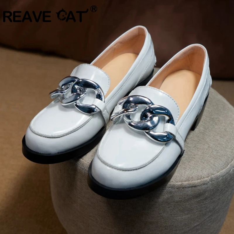 

Лоферы REAVE CAT, лоферы из натуральной кожи, черные, белые, с металлическими цепочками, круглым носком, на платформе, на толстой подошве, блочный...