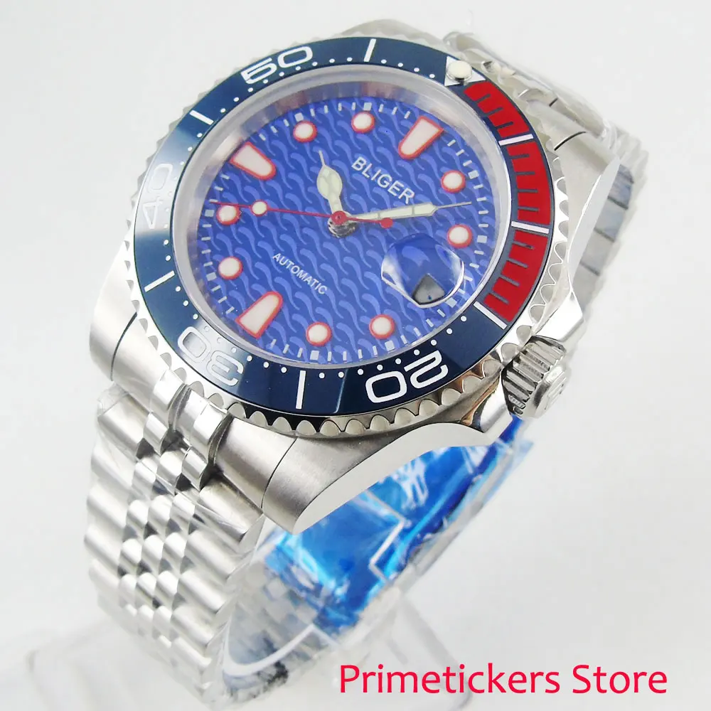 

40mm blue dial BLIGER sapphire glass date bracelet strap automatic movement rotating bezel wristwatch