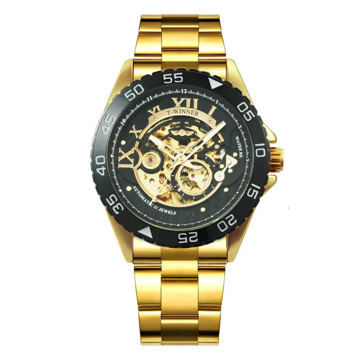 GOLDEN BLACK WINNER Официальный Бизнес для мужчин s автоматические часы лучший бренд класса люкс Скелет механические часы для мужчин нержавеющая сталь Ремешок наручные часы - Цвет: GOLDEN BLACK