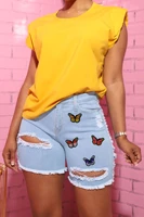 summer vintage jeans shorts womens ripped pants hollow out butterfly print denim hole straight leg shorts spring