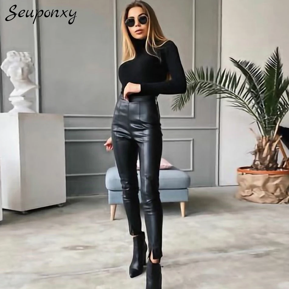 

Женские брюки из ПУ кожи, с завышенной талией