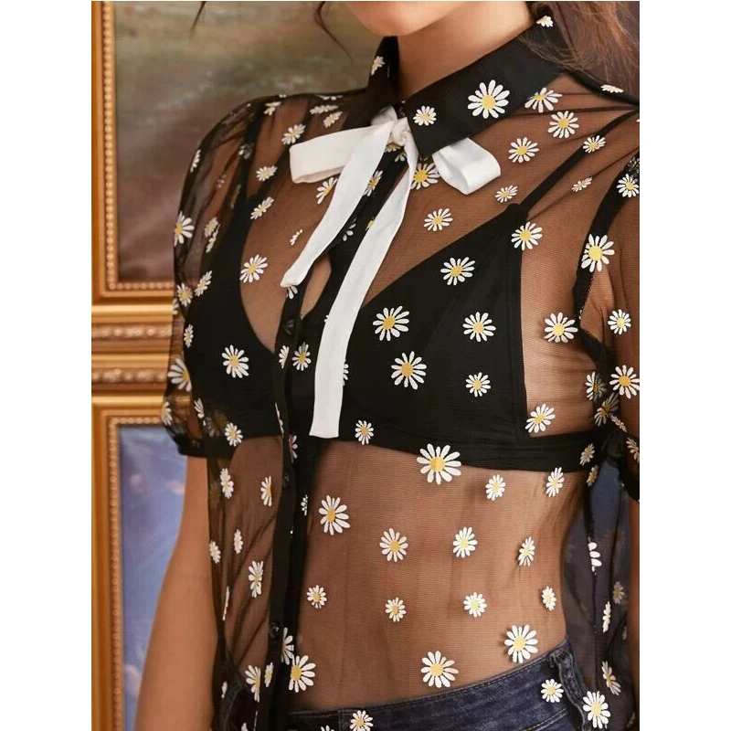 

Summer Casual Sheer Button Down Shirt Short Sleeve Daisy Pattern Lapel See Through BlouseBlack Floral Mesh Blouse Women Ladies