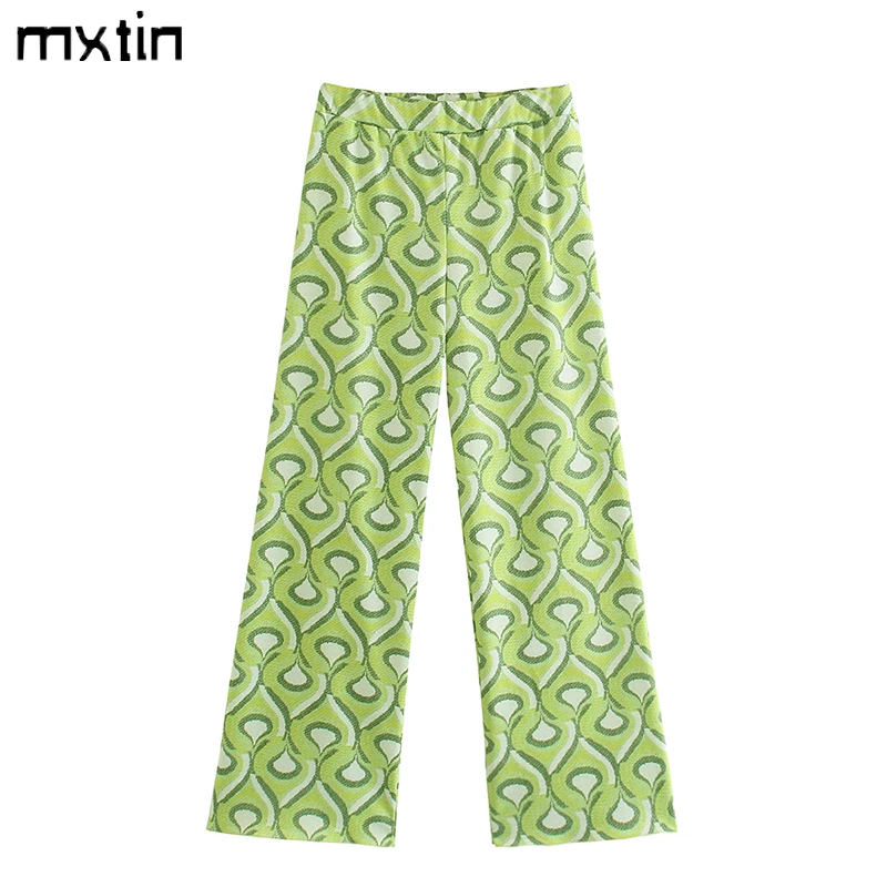 

MXTIN 2021 Women Autumn Fashion Geometric Print Straight Pants Vintage High Waist Elasticity Office Lady Female Trousers Mujer