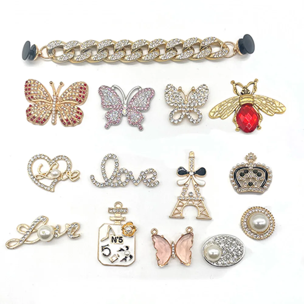 1pc Fashion Lady Rhinestone Butterfly JIBZ Croc Charms Accessories DIY Metal Crown Love Style Garden Shoe Decoration Girls Gift