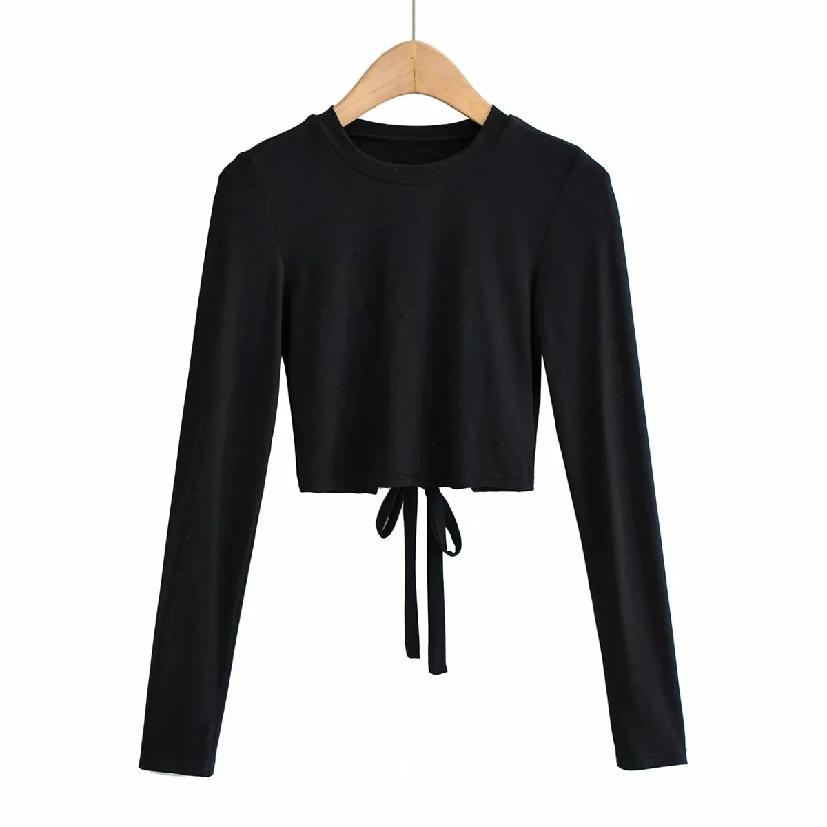 

TVVOVVVIN 2021 Spring Women's Fashion Back Long Sleeve T-shirt Sexy Slim Elastic Bandage Short Tops 8M5N