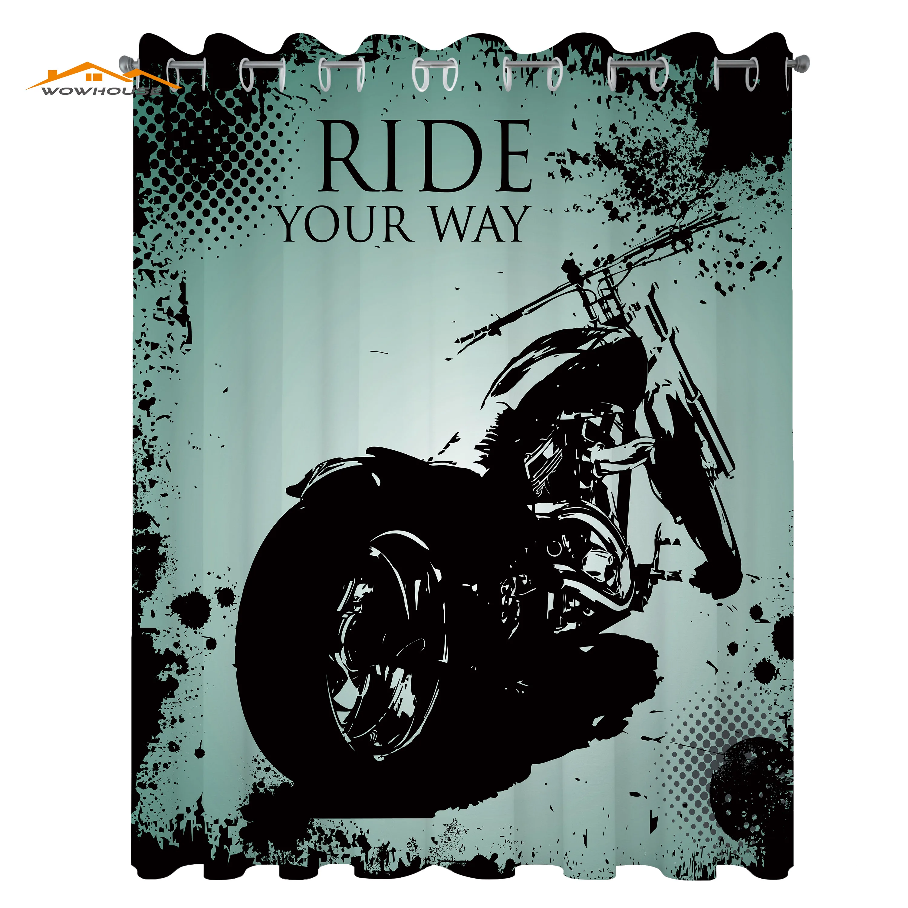 

Vintage Window Curtains Retro Motorcycle with Black Dots and Splatters Chopper Road Trip Artwork Living Room Decor Bedroom Blue