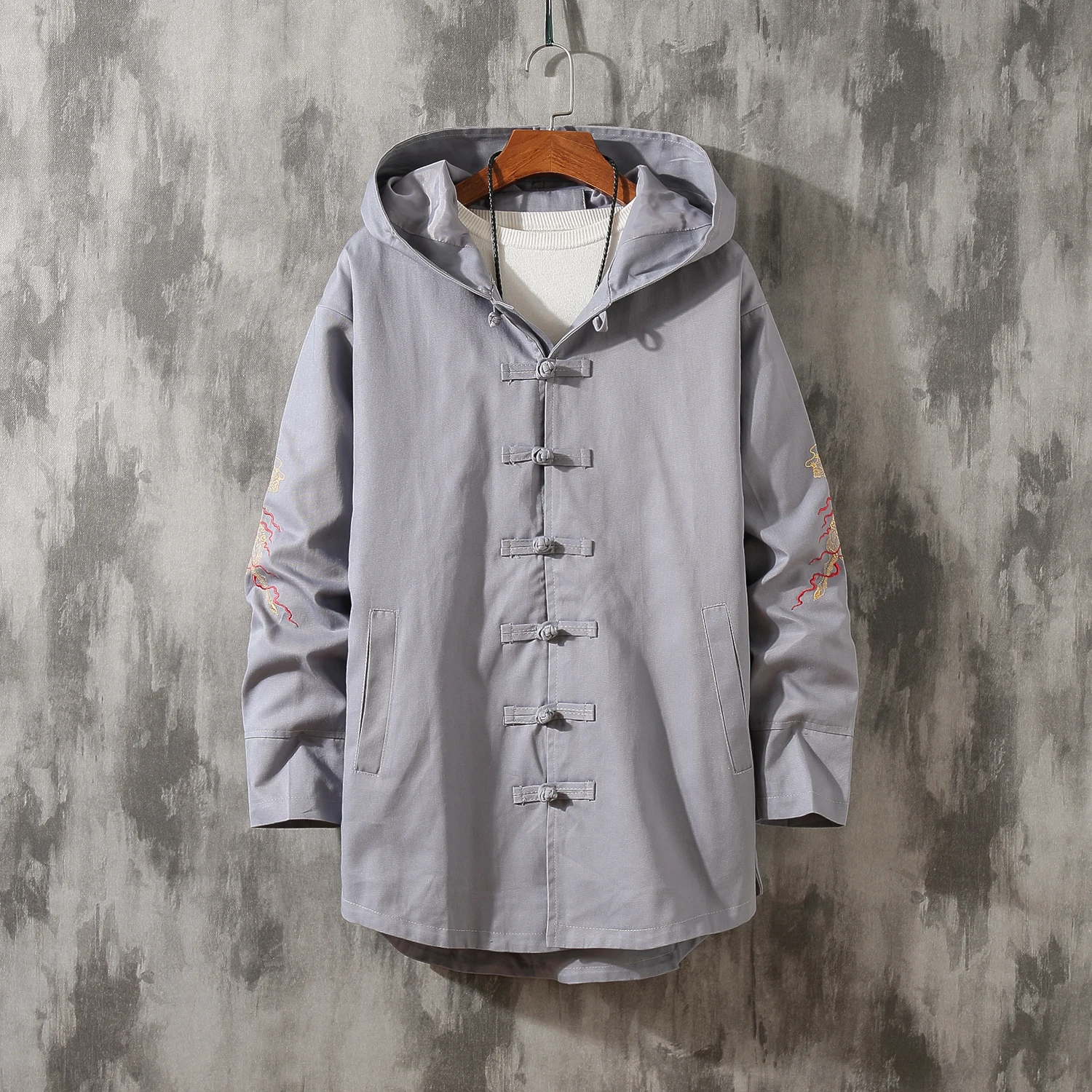 

Мужская куртка на пуговицах в китайском стиле с пряжкой и вышивкой кирина, ретро пальто с капюшоном, серое традиционное пальто, верхняя одеж...