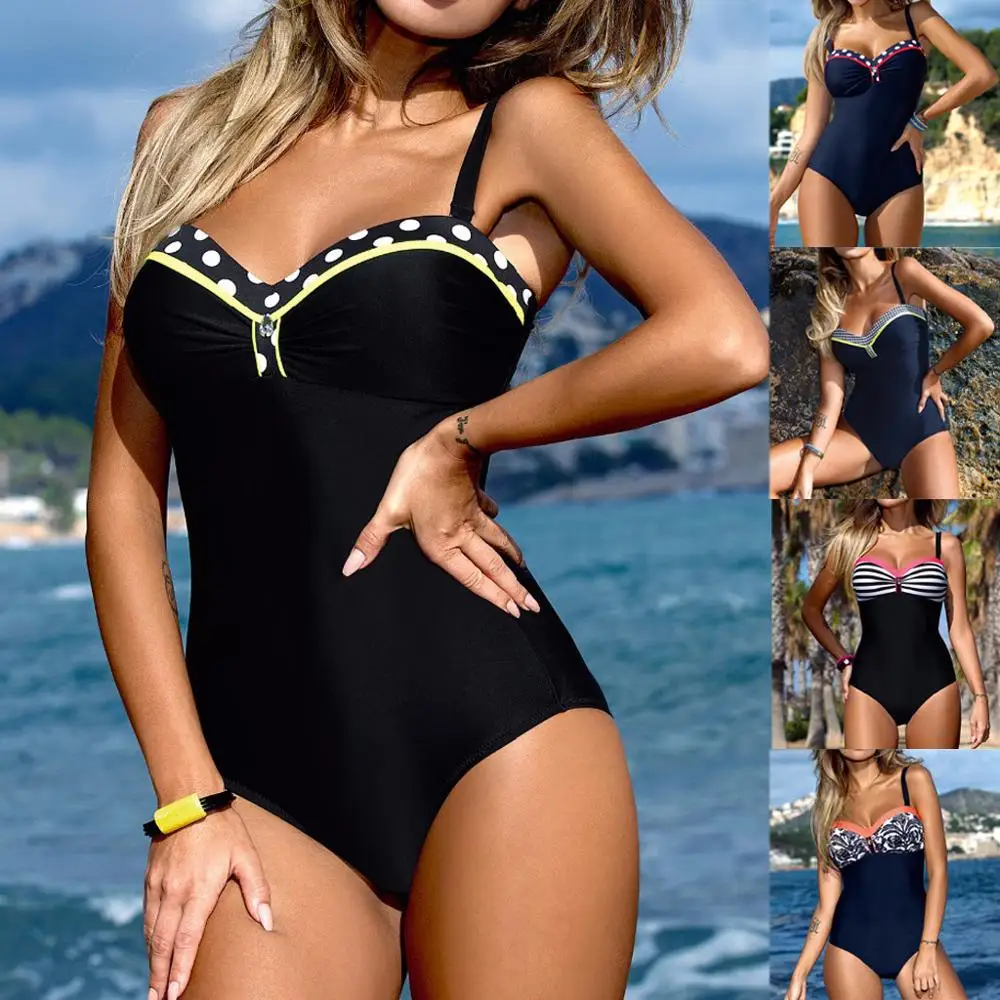 

Swimsuit 2020 Swimwear New Women's Print Splicing One-piece Swimsuit Diamond Decoration Thicken Bra Sling One piece Swimsuit Hot