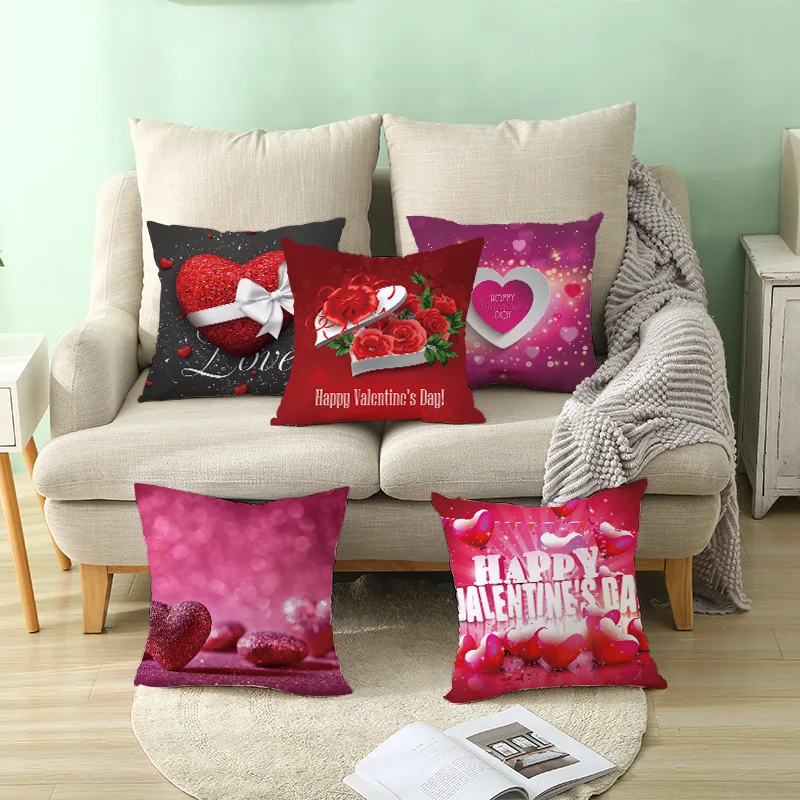 

Valentine's Day Pillowcases Pink Throw Pillow Covers Red Heart Printed For Wedding Party Decorative Pillows Home Decor 45*45cm