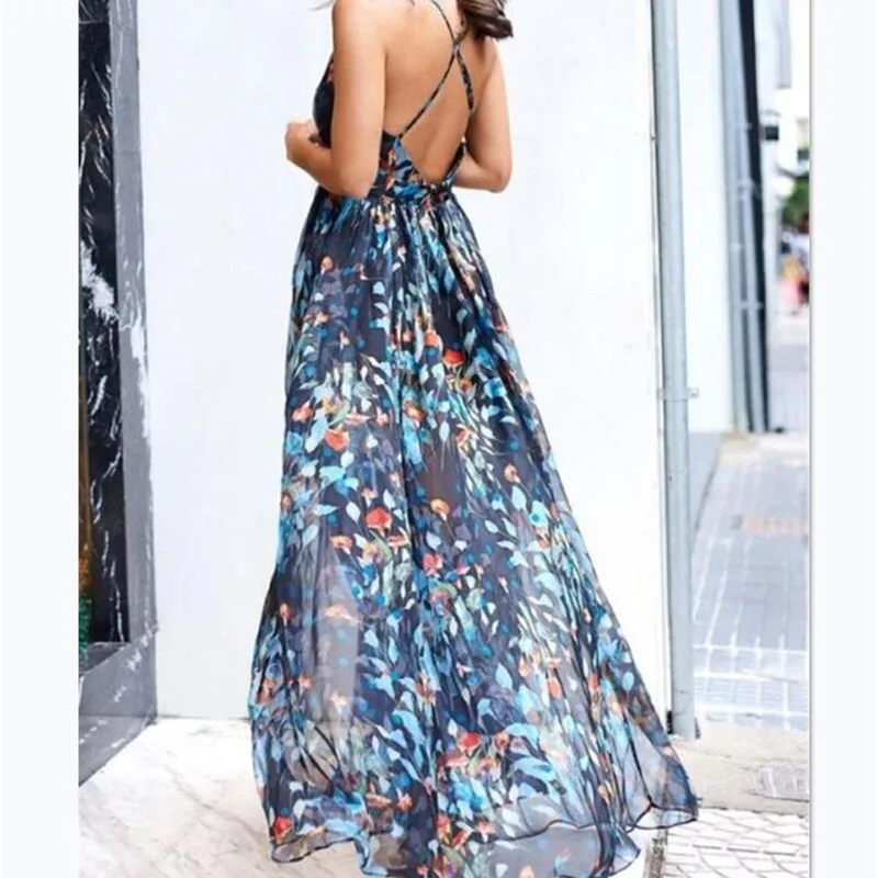 

Sexy Fashion Backless Women Party Night Dress 2020 Summer V-neck Spaghetti Straps Maxi Dress
